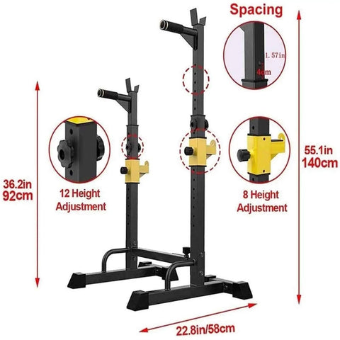 All In One Home Gym Squat Rack With Adjustable Upright Bars For Safe Bench Press And Weightlifting, dimensions and height details