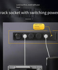 Top Tier Wall Mounted Power Strip With Smooth Sliding Track Outlets And Dead Simple Twist Switches Featuring Bright Led Indicators For Zero Drilling Hassle And Fast Kitchen Setup mounted on wall with three sliding outlets and led switch.