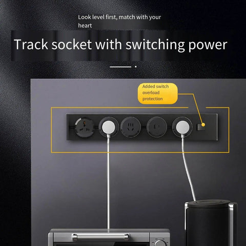 Top Tier Wall Mounted Power Strip With Smooth Sliding Track Outlets And Dead Simple Twist Switches Featuring Bright Led Indicators For Zero Drilling Hassle And Fast Kitchen Setup mounted on wall with three sliding outlets and led switch.