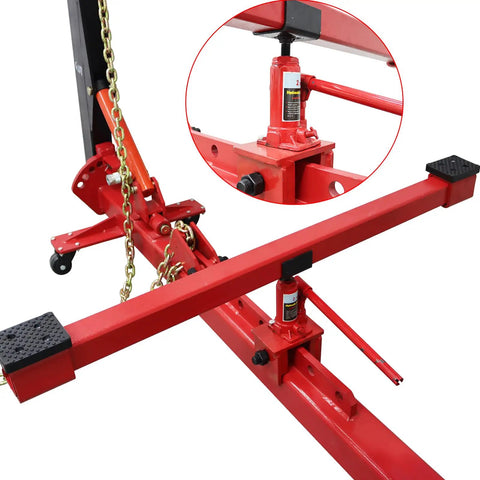 Beefy Pro Grade Auto Body Frame Puller And Straightener Kit with hydraulic jack, red metal finish, close-up of frame and chain