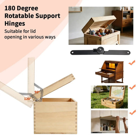 180 Degree Rotatable Lid Support Hinges For Cabinets And Boxes, Heavy Duty 9 Inch Metal Folding Lid Stay With 12 Screws, Black