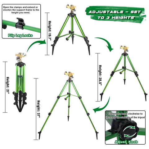 Impact Sprinkler On Tripod Base With Stakes For 360 Degree Lawn Irrigation showing adjustable heights, brass head, and extension legs.