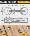 Drilling pattern image for Heavy Duty Countertop Joint Connectors And Butcher Block Draw Bolts For Rock Solid Furniture Assembly No Sweat Installation Woodworker Hardware Kit Silver And Ten Pieces.