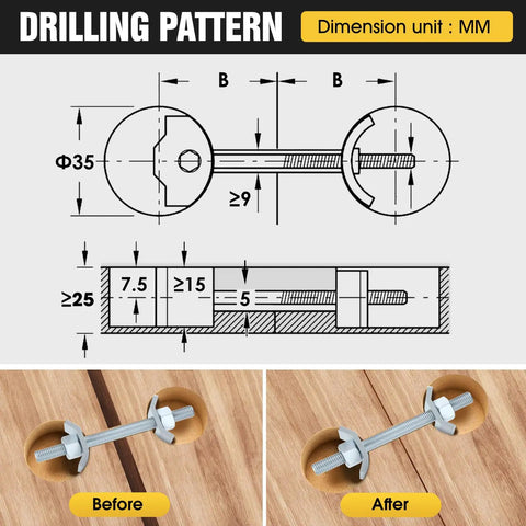 Drilling pattern image for Heavy Duty Countertop Joint Connectors And Butcher Block Draw Bolts For Rock Solid Furniture Assembly No Sweat Installation Woodworker Hardware Kit Silver And Ten Pieces.