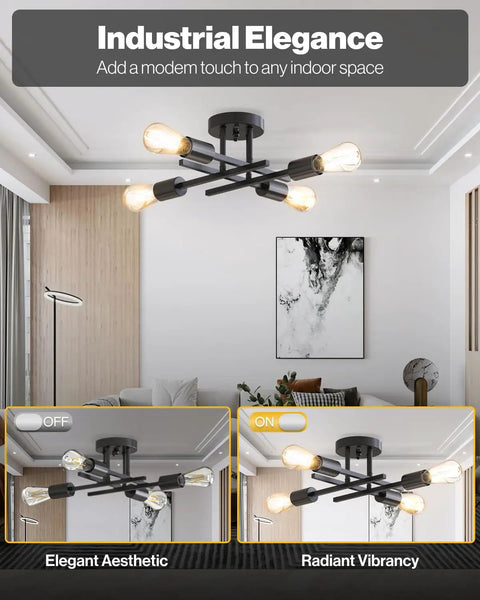Modern industrial ceiling light fixture in a stylish living room with lit and unlit bulb options displayed below.