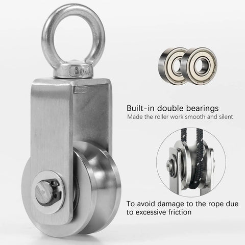 Eight Pack Cable Pulley Wheel Set In 304 Stainless Steel For Heavy Duty Lifting And Rigging, Workhorse Grade Bearing Rope Pulleys For Hoisting Towing And Winch Systems With Smooth Operation And Rust Resistance, 304 stainless steel pulley with double bearings