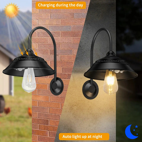 Dope Solar Barn Lights Outdoor Motion Sensor Sconces With 3 Modes on red brick wall showing day and night modes, black finish