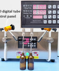 Heavy Duty Stainless Steel Semi Automatic Bottle Filler With Easy Digital Controls And No Sweat Anti Drip Nozzle For Beverages Spirits Oil Plug And Play Commercial Rig, LED control panel shown.