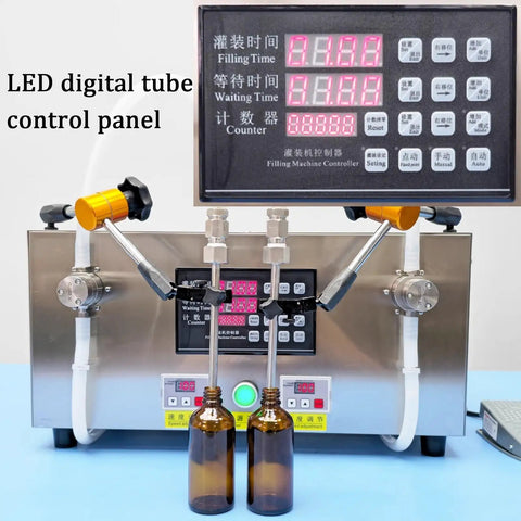 Heavy Duty Stainless Steel Semi Automatic Bottle Filler With Easy Digital Controls And No Sweat Anti Drip Nozzle For Beverages Spirits Oil Plug And Play Commercial Rig, LED control panel shown.