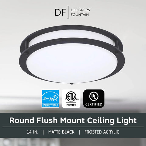 Matte Black 14 Inch Round Flush Mount LED Ceiling Light with frosted acrylic shade