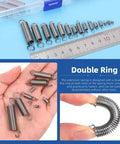 Front view: 96pcs stainless steel extension springs with double hooks, assorted sizes.