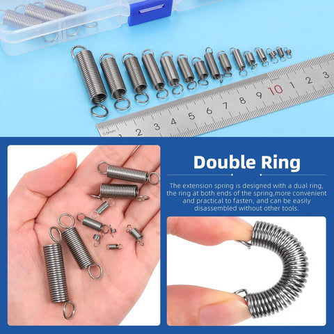 Front view: 96pcs stainless steel extension springs with double hooks, assorted sizes.