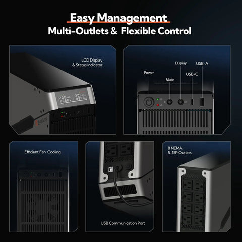 Heavy Duty LiFePO4 Ups Battery Backup Surge Protector features LCD display and eight NEMA outlets, showcasing user-friendly control options.