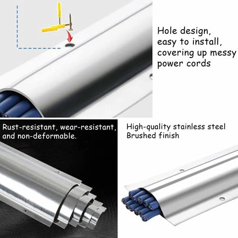 Close-up of Heavy Duty Stainless Steel Cord Cover Raceway For Walls And Floors, Built Like A Tank, showing cable protection and mounting.
