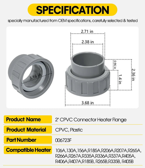 Two-pack 2-inch CPVC connector heater flange and nut kit for pool heater in gray plastic