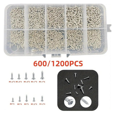 600 And 1200 Piece Miniature Self Tapping Screws Set, Crosshead Phillips Head Carbon Steel Kit in plastic organizer box