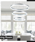 Dimmable 3 Ring LED Chandelier Pendant Light With Height Adjustable Dope Modern Silver Finish, ETL Certified in dining room scene