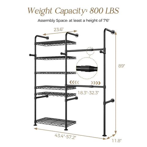 Ultimate Wall Mounted Closet Organizer Game Changer With Hefty Industrial Pipe Build 2 Telescopic Hanging Bars and 5 big shelves dimensions.