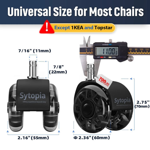 Two Point Five Inch Heavy Duty Office Chair Wheel Replacement Caster Set For Carpet And Hardwood Floors Universal Size 11x22mm Fits 99 Percent Of Office Gaming And Desk Chairs Not Suitable For IKEA Chairs Durable Black, showing wheel dimensions and fit