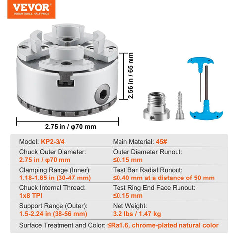 4-Jaw Lathe Chuck 2.75 Inch Self-Centering Precision Machining Tool For Lathe Milling Grinding Machines Pro-Grade Heavy-Duty 45 Steel Rust-Resistant Ideal For CNC And Manual Turning, showing dimensions and components.