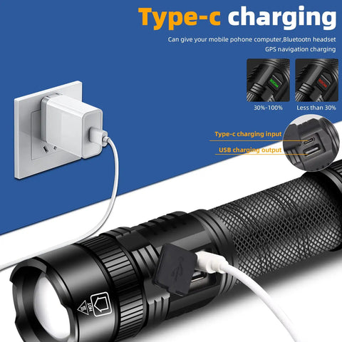 Rechargeable LED Flashlight 100000 Lumens Beast Bright Zoomable Beam XHP99 shown with USB Type-C charger connected