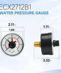 Replacement Pool Filter Pressure Gauge For Back Mount DE Sand And Cartridge Filters And ProGrid XStream SwimClear Systems 190059 Dial Gauge Replacement Part For Home Outdoor Pools Beef Up Your Pool Game shown with dimensions and side view.