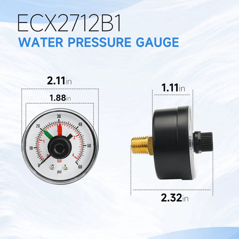 Replacement Pool Filter Pressure Gauge For Back Mount DE Sand And Cartridge Filters And ProGrid XStream SwimClear Systems 190059 Dial Gauge Replacement Part For Home Outdoor Pools Beef Up Your Pool Game shown with dimensions and side view.