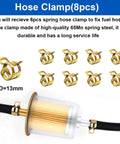 8 hose clamps and an inline fuel filter kit with brass ends, part of the 4 Pack 5 By 16 Inch Inline Fuel Filter Kit With 8 Hose Clamps.