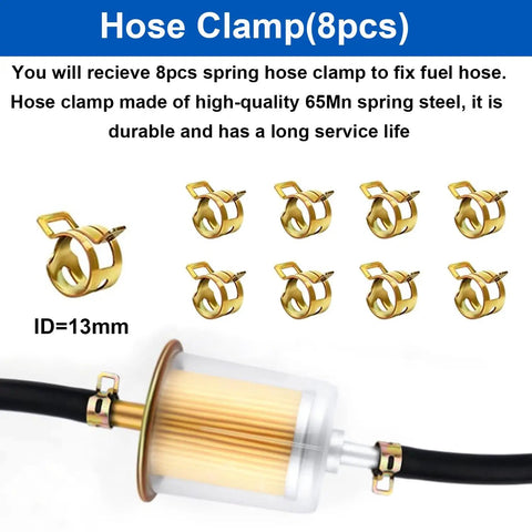 8 hose clamps and an inline fuel filter kit with brass ends, part of the 4 Pack 5 By 16 Inch Inline Fuel Filter Kit With 8 Hose Clamps.