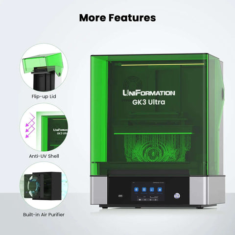 GK3 Ultra 13.5 Inch Resin 3D Printer With 16K LCD High Resolution; green case showing flip-up lid and anti-UV shell features