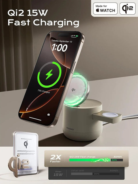 4 In 1 Qi2 Magnetic Wireless Charging Station For MagSafe, 15W Fast Charger With Apple Watch Module shown charging an iPhone