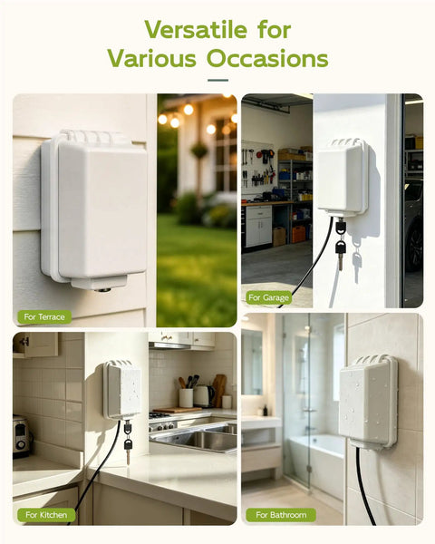 Lockable Waterproof Outdoor Electrical Outlet Cover Box With Key And Drip Proof Weather Shielding For Standard Sockets, white, mounted in terrace, garage, kitchen, and bathroom.