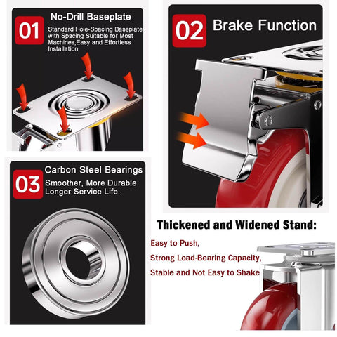 Heavy Duty 3 Inch Casters Set Of Four With 2000 Pound Load Rating 360 Degree Swivel Lockable Bearing Plate Brakes Includes Complete Screw Sets And Accessories Built For Furniture Workbench Cart Or Dolly features illustration showing no-drill baseplate, brake function, and carbon steel bearings.