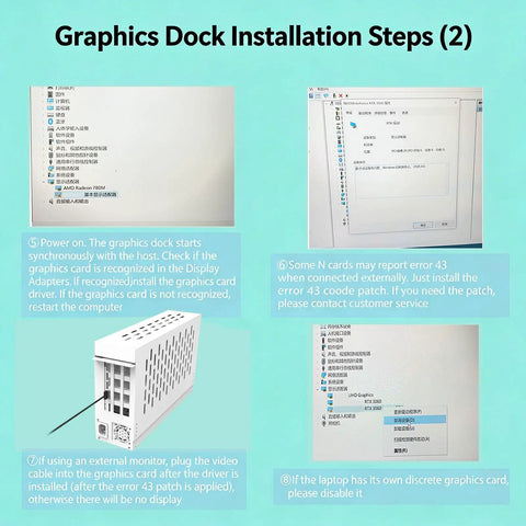 Graphics dock installation guide showing steps to verify GPU connectivity and troubleshoot error 43 for Top Shelf External Gpu Docking Station For Laptops With Pcie Four Point Zero Link And A Beefed Up Metal Case Built To Keep Your Rig Chill And Make Fast Hardware Swaps A Total Breeze.