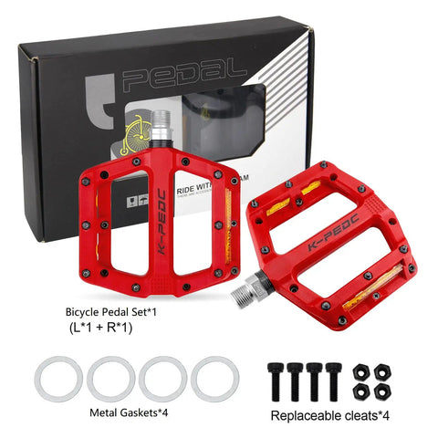 Night Ride Ready Platform Pedals With Reflective Strips Universal Nine Sixteen Inch Nylon Fiber MTB BMX Pedals Three Bearing Non Slip Lightweight Red Bike Pedals For All Terrain displayed with box and accessories