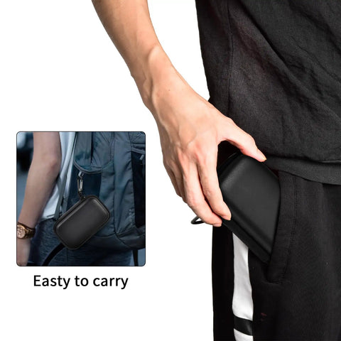 Person placing Hard Shell SSD Case For SanDisk Extreme Portable SSD Old And New Models And Extreme PRO into pocket, black