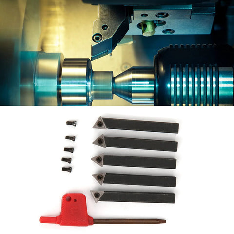 Five-piece 1/4in indexable turning tool set with cemented carbide inserts and screws, laid out with a red tool handle.