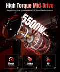 Electric Dirt Bike With Mid Drive 5500 Peak Power, 50 Mph Ebike, showcasing high torque mid-drive motor and specs