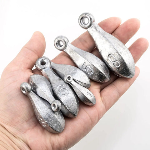 5 Pack Bank Sinkers Lead Weights For Freshwater Catfishing And Saltwater Surf Fishing With A Bowling Pin Design That Grips Mud Or Sand And Holds Bait In Heavy Waves And Currents, 3oz Each, One Piece Molding And Smooth Polished Finish To Protect Line in hand