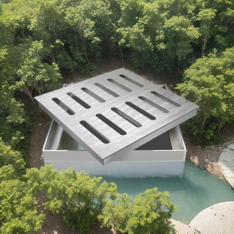 Heavy Hitting Stainless Steel Drain Grate Cover For Bathroom Shower And Outdoor Yard Driveway Rust Resistant Catch Basin Channel Tile 60 By 60 By 3 Cm Quick Install No Mess positioned above a water catch basin surrounded by greenery.