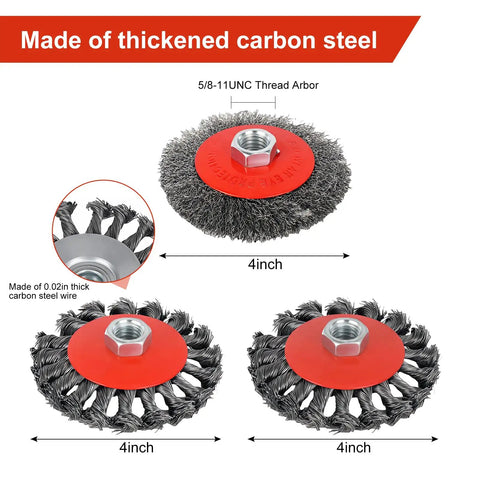 6 Piece Angle Grinder Wire Wheel Set With 4.5 Inch And 4 Inch Knotted Coarse Crimped Wheels Five Eighths Inch Eleven Threaded Arbor