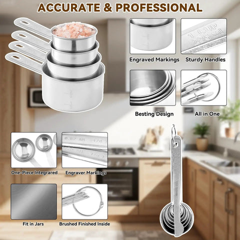 Top Shelf 5 Speed Electric Hand Mixer Paired With Four Nesting Stainless Steel Mixing Bowls And Measuring Cups In A Slick 200W Kitchen Baking Starter Kit That Knocks Out Any Dough Job Easily with stainless steel measuring cups featuring engraved markings and sturdy handles.
