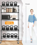 Beefy 5 Tier Heavy Duty Metal Rolling Shelving Unit With Wheels And 8 Hooks 1750 Lbs Total Capacity Adjustable Garage Wire Racks Ideal For Kitchen Bathroom Pantry Or Industrial Storage 36 W x 14 D x 72 H Black, 72-inch black wire rack with 8 hooks and cookware