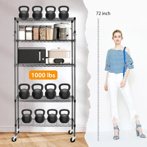 Beefy 5 Tier Heavy Duty Metal Rolling Shelving Unit With Wheels And 8 Hooks 1750 Lbs Total Capacity Adjustable Garage Wire Racks Ideal For Kitchen Bathroom Pantry Or Industrial Storage 36 W x 14 D x 72 H Black, 72-inch black wire rack with 8 hooks and cookware