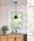 Dope Black Dome Pendant Light With Gold Trim For Kitchen Island And Dining Room hanging over kitchen sink.