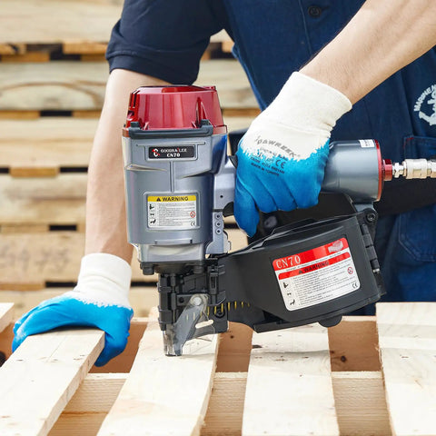 Person using Air Coil Siding Nailer 15 Degree 1 3 4 Inch To 2 3 4 Inch For Wooden Pallets Packing And Fencing Fast Shooting Durable Tool For Home Projects Ideal For Drywall And Woodwork Projects Pallet Crates And Siding Installations Beast Pro Grade Build on wooden pallets