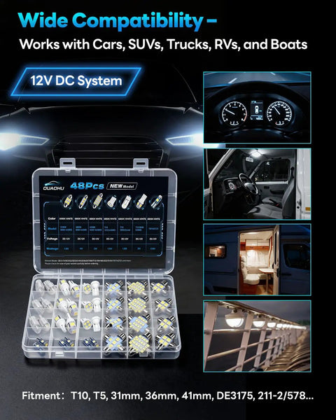 All In One Grab And Go 48 Piece Led Interior Car Lights Kit displayed with wide compatibility for cars, trucks, RVs, and boats.