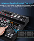 Close up of Six Channel DJ Mixer For Home Studio Beatmaking Boss Performance With USB Audio Interface, 99 DSP Effects.