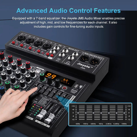 Close up of Six Channel DJ Mixer For Home Studio Beatmaking Boss Performance With USB Audio Interface, 99 DSP Effects.