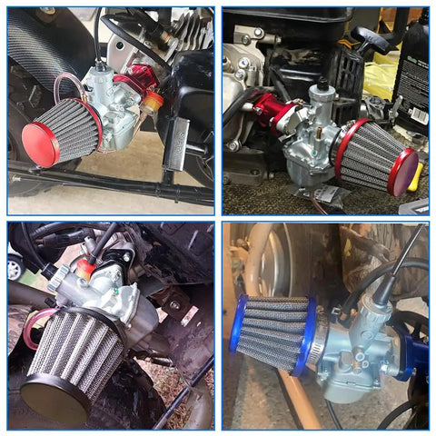 Four 38mm air filters beefed up for 50cc to 212cc engines and VM22 PZ22 PZ26 PZ27 PD18J NC50 carburetors installed on various small motorcycles.